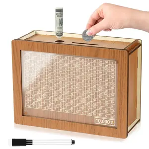 Wooden Money Box Money Bank, Countdown Money Saving Box with 10000 Dollars Target, Money Box with Money Target and Numbers to Check for Boys Girls