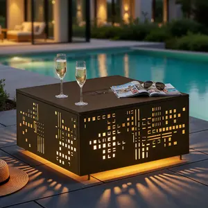 【Summer Vibes】Ovios Metal Outdoor Patio Table with Solar LED Light & Umbrella Hole, Modern Patio Accent Table with Ambient Glow, All-Weather Steel Frame for Poolside Backyard Deck Balcony Lounge Area outdoorfun