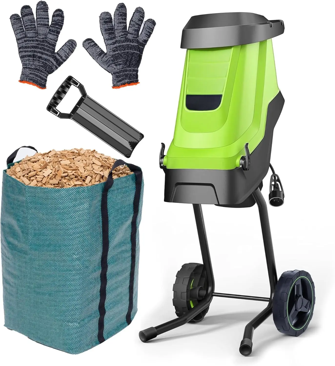 15A Electric Wood Chipper & Mulcher, Compact Quiet Garden Shredder with Collection Bag, Heavy Duty Chipper for Branches, Sticks & Yard Waste