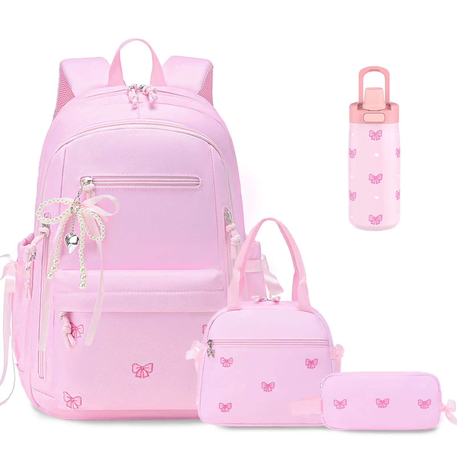 Similove Back to School Bow Charm Backpack for Girls, Kawaii 3/4PCS Toddler Bookbag with Lunch Bag, Pencil Case & Water Bottle, Lightweight Preschool Travel Backpack