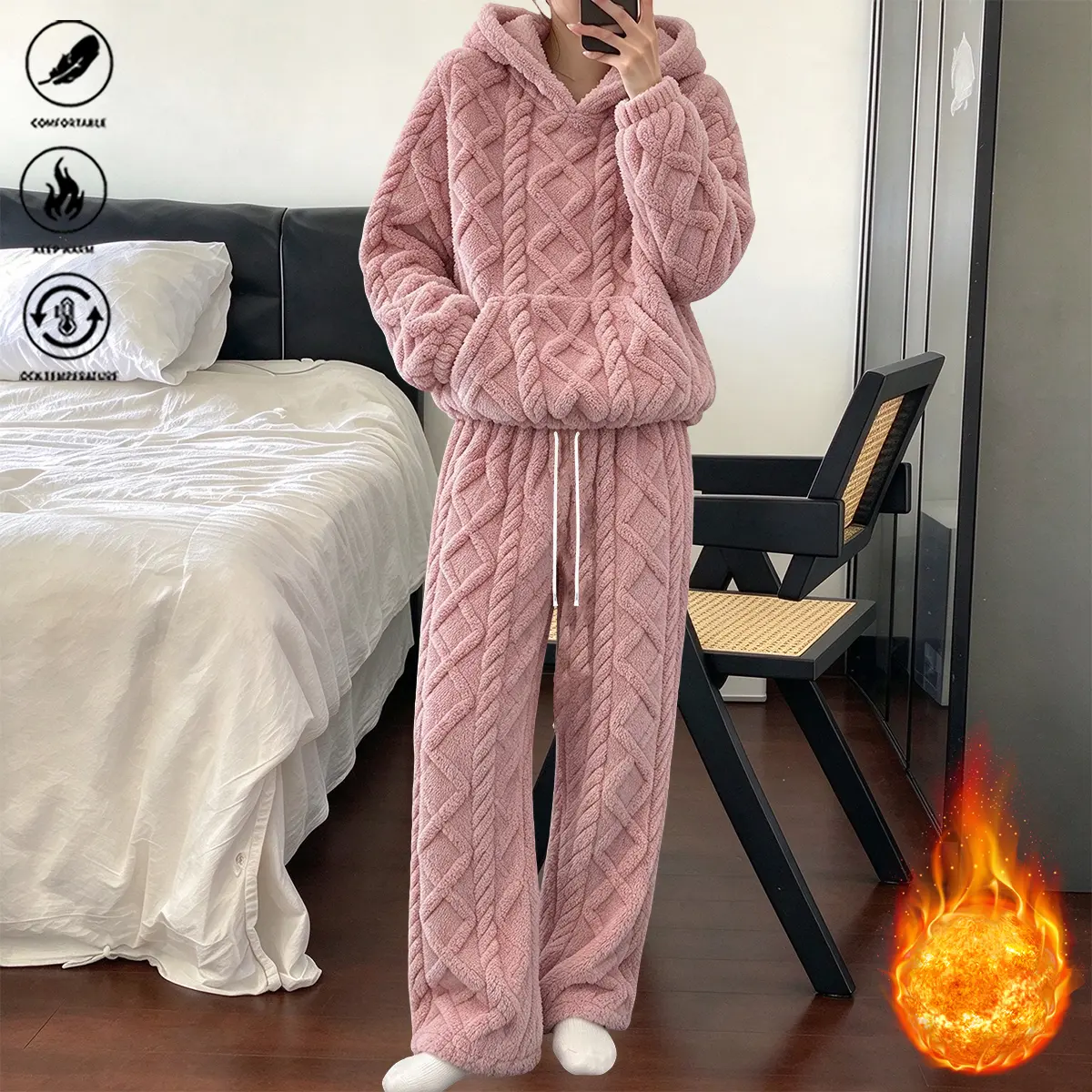 Women’s casual two-piece set for autumn/winter, warm hooded sweatshirt made from jacquard velour fabric; trendy, thick double-sided fleece with a hood and pockets; fashionable autumn/winter top + long pants set featuring a loose fit and elastic waistband.