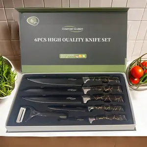 6-Piece Black Professional Kitchen Knife Set This set of knives features sharp blades and ergonomic handles, including ultra-sharp meat knives, perfect for professional chefs. Block Cutting Kitchenware Home Stainless Steel