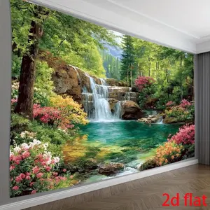 1PC Polyester Reusable High-Def 2D Flat Natural Landscape Tapestry - Waterfall, Forest, Floral Designs, Digital-Printed Wall Hanging for Living Room, Bedroom Decoration, Birthday Photography Backdrop