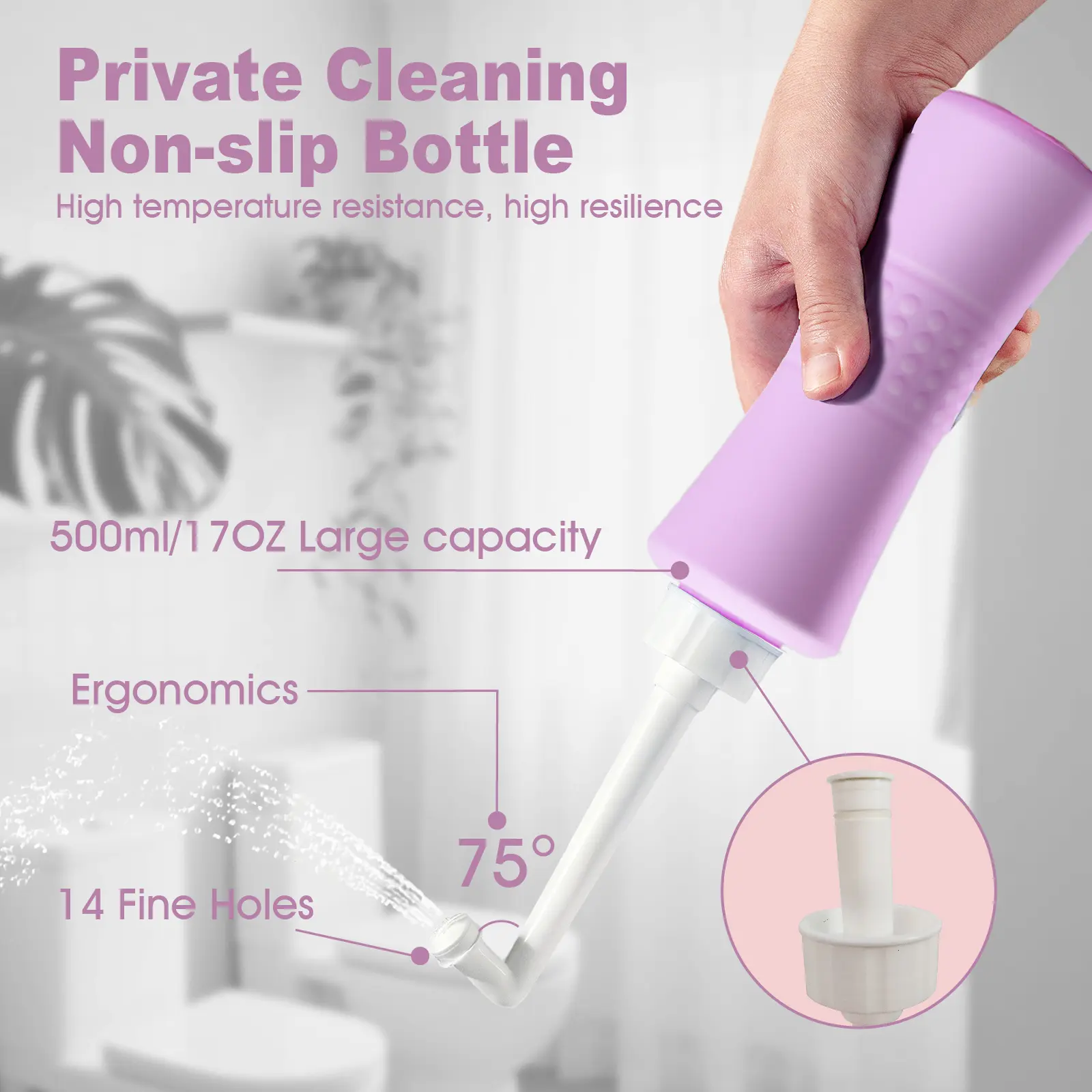 Postpartum Portable Travel Bidet Leak-proof Perineal Rinse Spray Bottle Purple 500ml Ergonomic 14 Holes for New Moms Postpartum Care & Recovery,Color: Purple,Upside Down Peri Bottle for Postpartum Care
