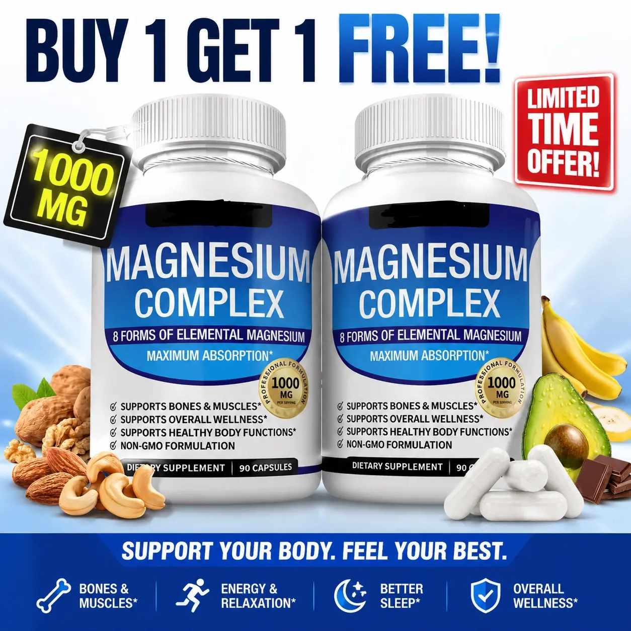 Magnesium Complex 8 Essential Magnesium Supplement 1000mg Healthcare Dietary Vitamin Fitness Muscle Edible Mineral Calcium Bathroom Zinc