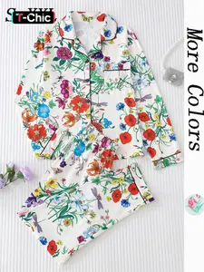 Women's All Over Floral Print Button Front Pocket Shirt & Elastic Waist Pants Pyjama Set, Casual Comfy Two-piece Pj Set, Matching Pj Set, Ladies Sleepwear for All Seasons Pajama Set