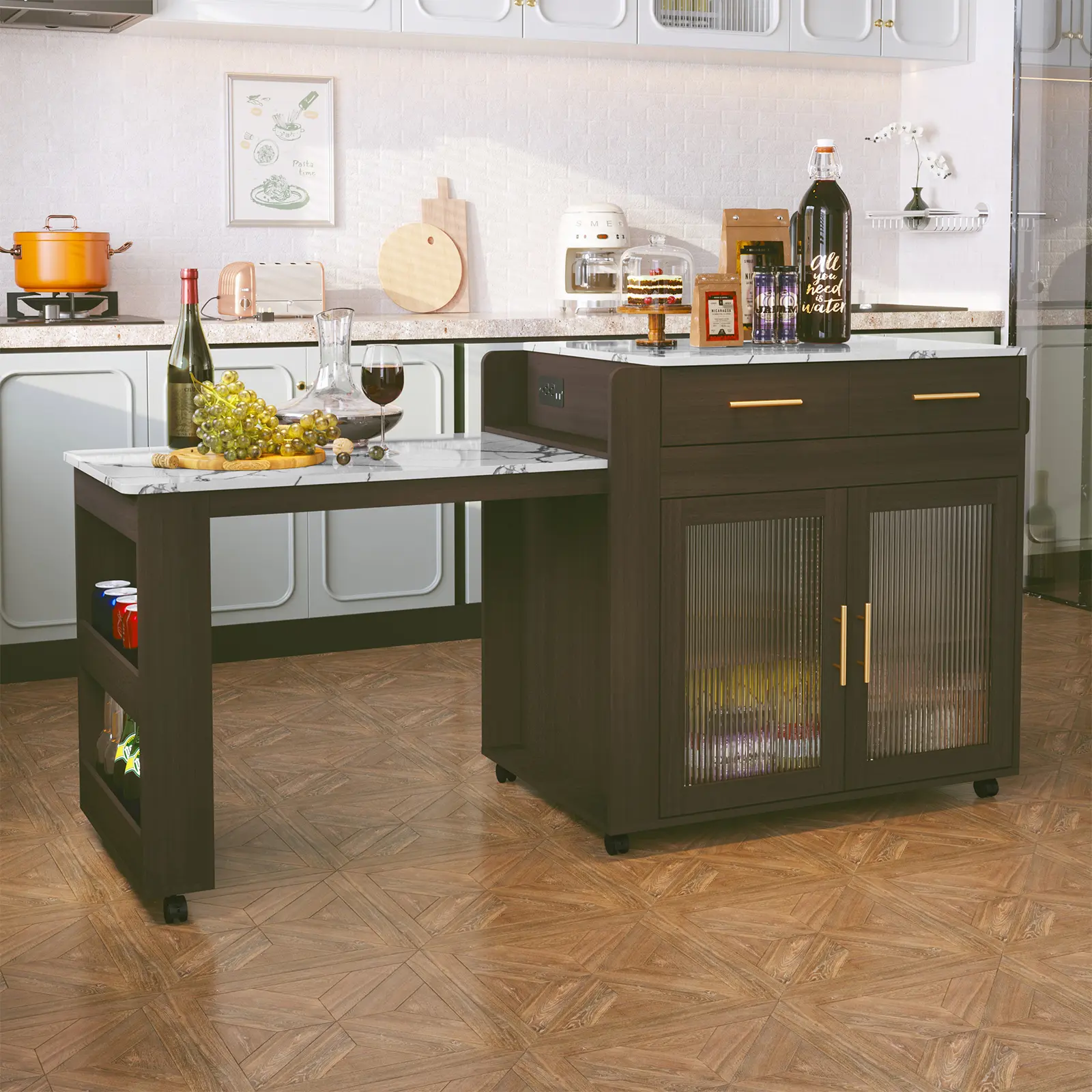 HLR Classic Sturdy Rectangular Mobile Kitchen Island - Extendable Table, Rolling Drawer Chest with Glass Doors, Regular Door, Shelves, Marble Look & Charging Station, Assembly-Required Prep Station for Home Chefs
