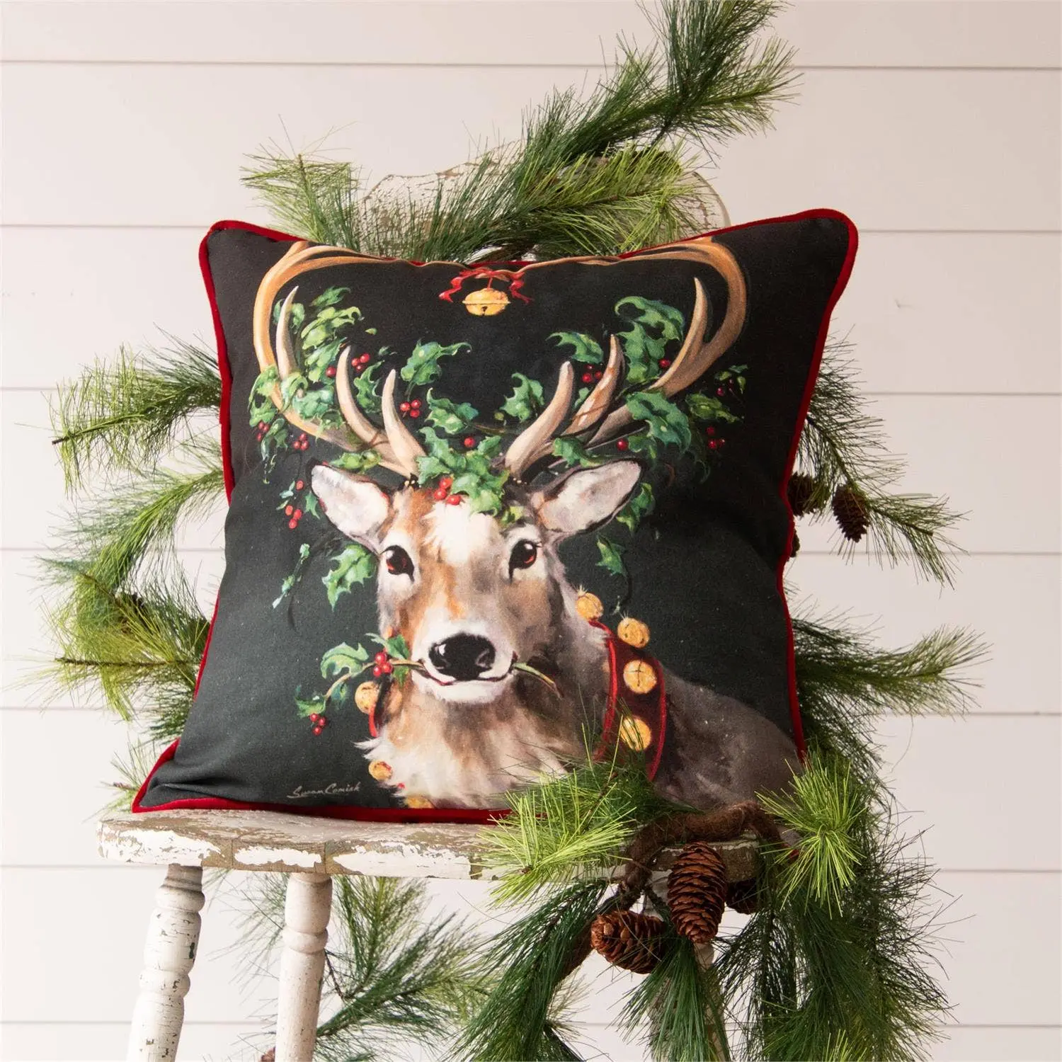 Pillow - Reindeer Pillow, Red Velvet On Reverse Side