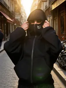 Fashion Hoodie with Full Face Mask Design, Casual Zipper Sweatshirt for Fall & Winter, Fitted Style, Moderate Fabric Thickness Jackets