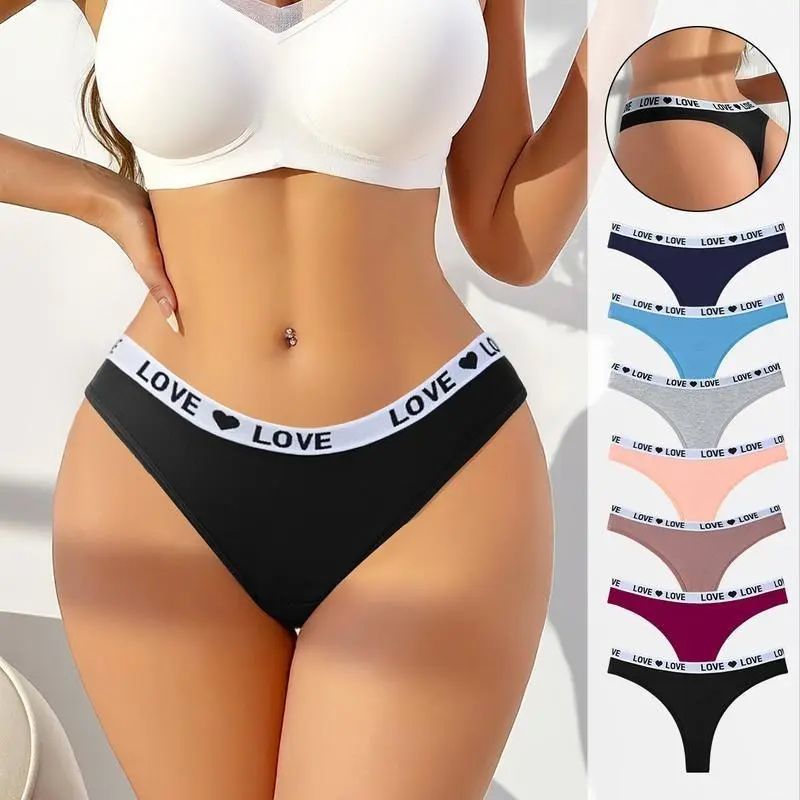 Women's 7-Pack Mixed Color Cotton Low-Rise Thong Panties - Love Heart Waistband, Soft Breathable Stretch Fabric, Wire-Free, Comfortable Fit, Machine Washable, Spandex, Cotton Underwear, M=24-25, L=26-27 (Sports & Outdoor Protective Gear Accessory)
