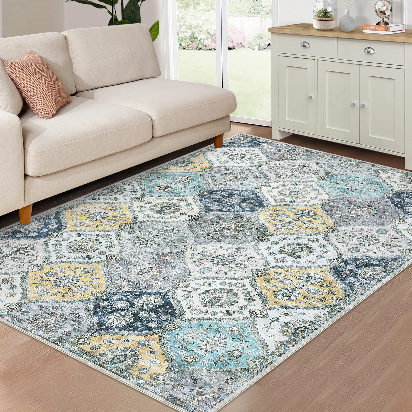 Machine Washable Carpet Moroccan Plaid Carpet Vintage Distressed Printed Carpet Anti-stain Non-slip Decorative Carpet Suitable for Living Room Bedroom Hallway Bathroom Kitchen