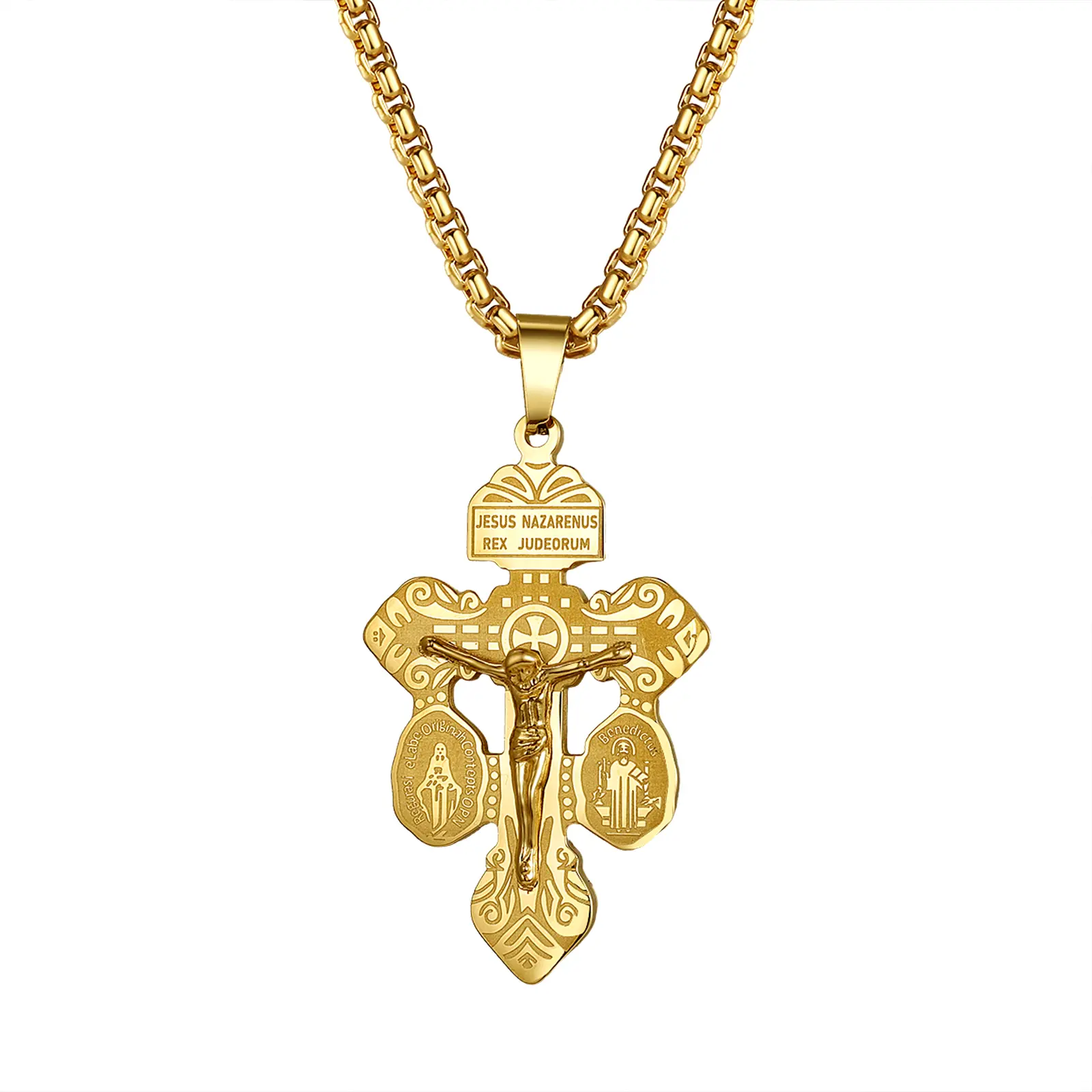 OIDEA Unisex Stainless Steel Pardon Crucifix Cross Necklace for Women - Triple Symbol Catholic Jesus Cross Pendant, St. Benedict & Miraculous Medal, Baptismal Christian Jewelry for Baptism, Easter, Cross Necklace Women