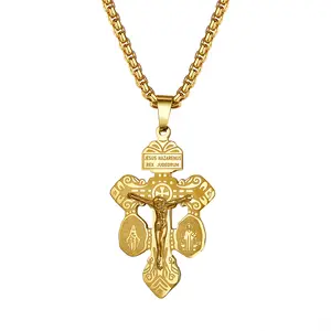 OIDEA Unisex Stainless Steel Pardon Crucifix Cross Necklace for Women - Triple Symbol Catholic Jesus Cross Pendant, St. Benedict & Miraculous Medal, Baptismal Christian Jewelry for Baptism, Easter, Cross Necklace Women summerwins