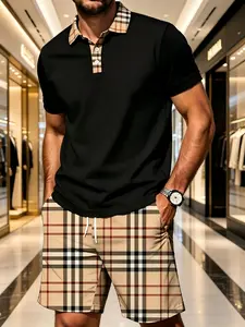 Luxury Men's Plaid Casual Set, Polo Shirt + Plaid Shorts Two-Piece, Stylish and Comfortable Fashion Outfit for Everyday Wear