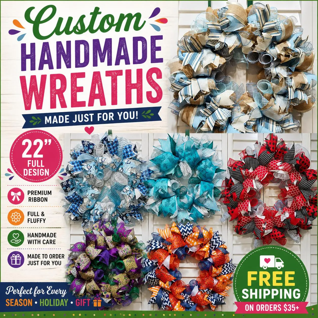Custom Handmade 22" Wreath | Personalized Front Door Decor | Seasonal, Holiday & Everyday Wreath | Made to Order