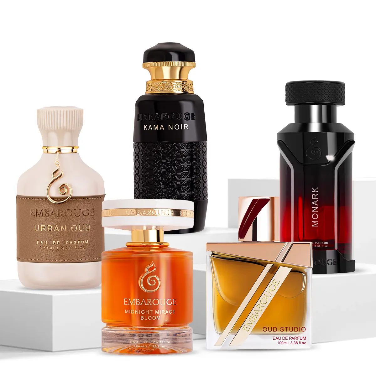 EMBAROUGE Urban Oud, Kama Noir, Monark, Oud Studio & Midnight Mirage Bloom Perfume Combo for Men & Women | 5x100ml | Urban Oud: Wood | Kama Noir: Fresh | Monark: Apple | Oud Studio: Citrus | Mirage Bloom: Chypre | Eau de Parfum (EDP)