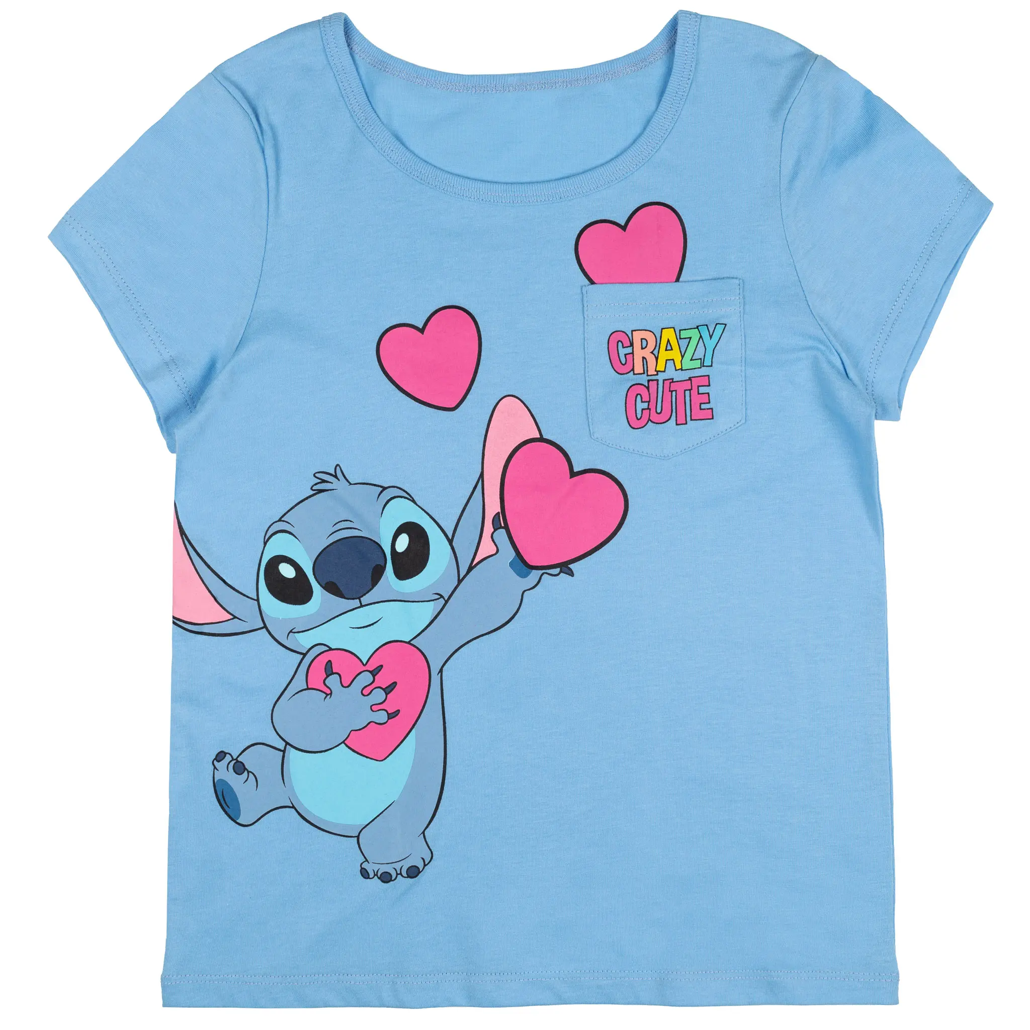 Disney Lilo & Stitch Girls' Valentine's Day Short Sleeve Graphic T-Shirt - Light Blue, Round Neck, Heart Accents, Pocket Detail, Toddler to Big Kid