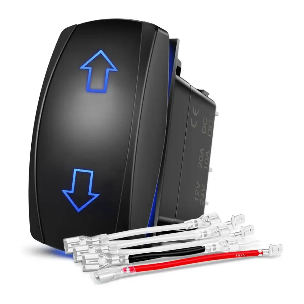 Nilight 7-Pin DPDT Double Pole Heavy Duty Control Rocker Switch - 1.43in x 0.84in, Blue, On/Off Arrows, Polarity Rev., 12V 20A, LED-Compatible, LED Lighted, Auto Reset, ABS+PC, w/Premium Jumper Wires Kit, Dual Operation for Cars, Trucks, Trailers