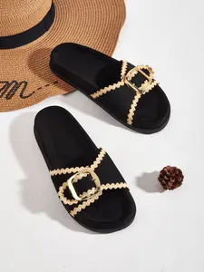 French Style Open Toe Flat Sandals, Metal Buckle Design,  Lace Wave Trim,  TPR Soles Anti-Slip, Comfortable Velvety Sole, Perfect for Vacation Dates Daily Wear