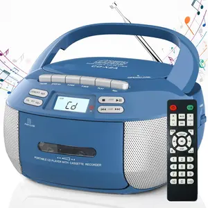 Boombox CD Player Cassette Player Combo, Boom Box Portable CD Players for  with , Support AM FM Radio/Remote Control/AUX/USB/Earphone, AC/ Operated, LCD Display (Blue)