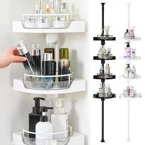4 Tier Shower Corner Caddy Organizer for Bathroom Tension Pole with Hooks - 360° Rotating Adjustable Floor To Ceiling Rustproof Bathtub Shower Caddy