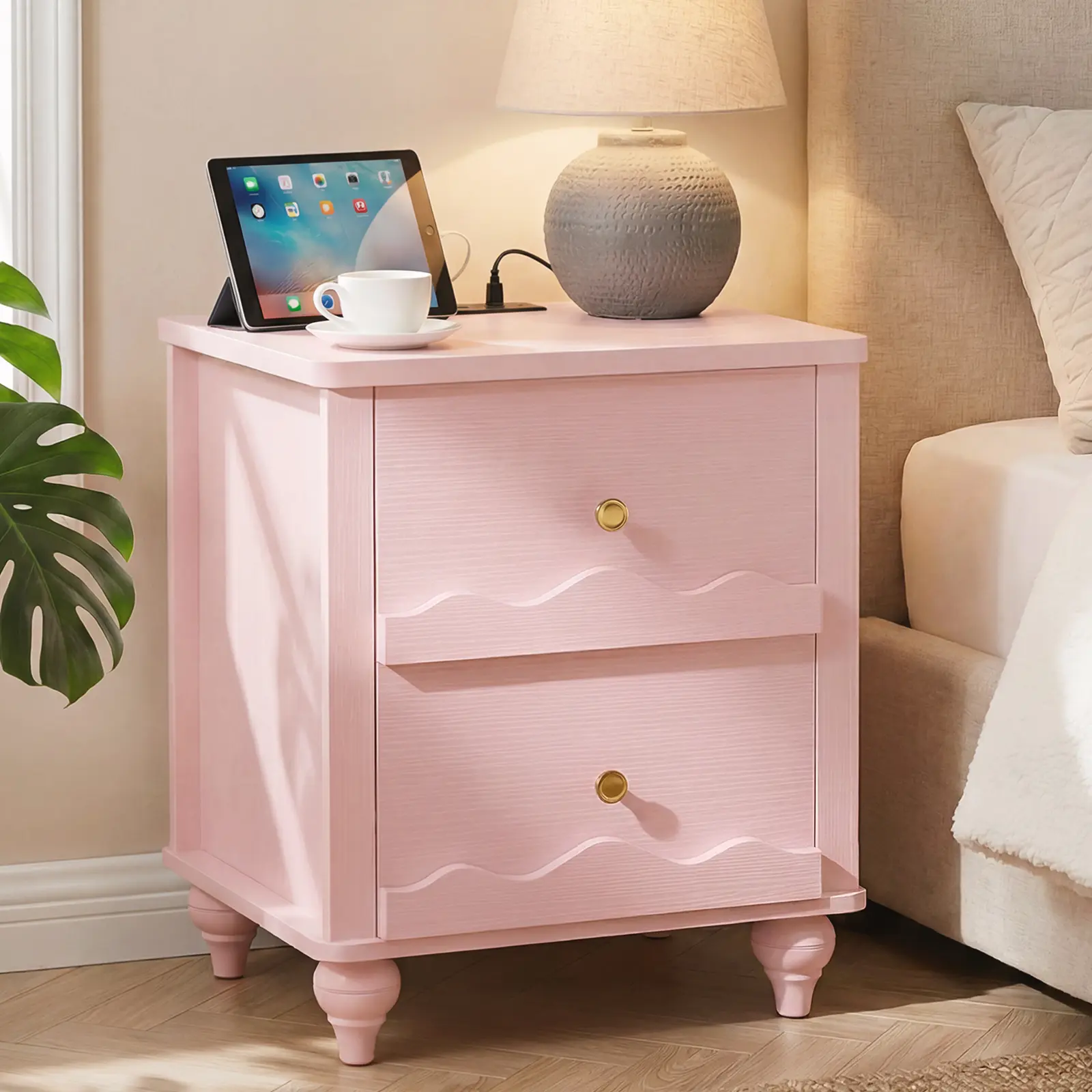 2-Drawer Wave Motif Nightstand, Cute Look Kids Bedroom Furniture with Kid-Safe Rounded Edges, 19.5x15.3x24" Bedroom Decor Bedside Cupboard