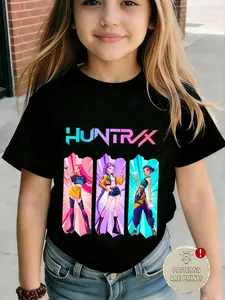 Single Piece Kpop Hunter Girl Group Print Round Neck Short Sleeve Kids T-Shirt, Casual Summer Wear for Children Graphic Tees, Casual Tee Tops