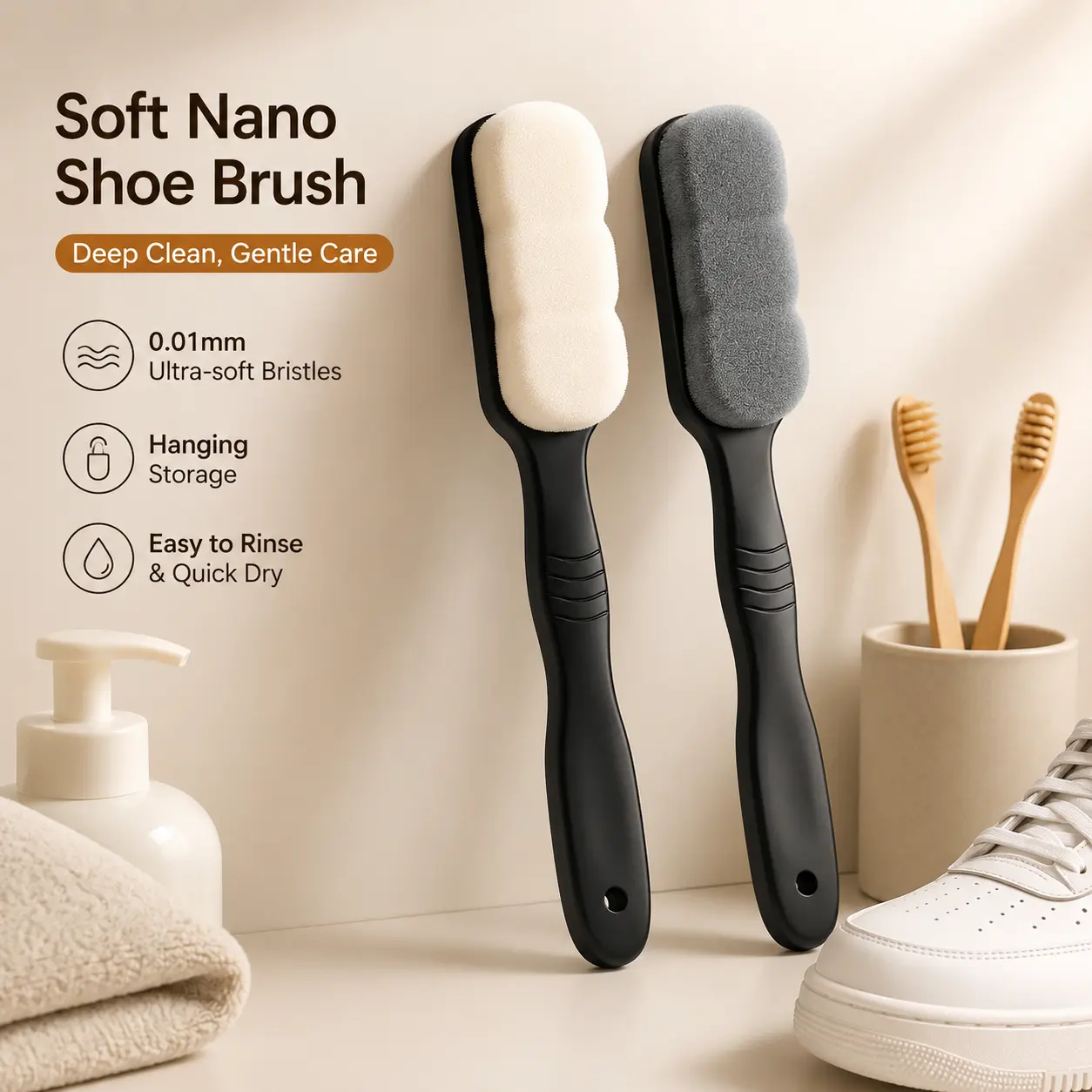 Ultra Soft Nano Bristle Shoe Brushes with Long Non-Slip Handle, A Deep Cleaning Footwear Wash Tool for Adults' and Children's Shoe Interior, Hanging Hole, Daily Use