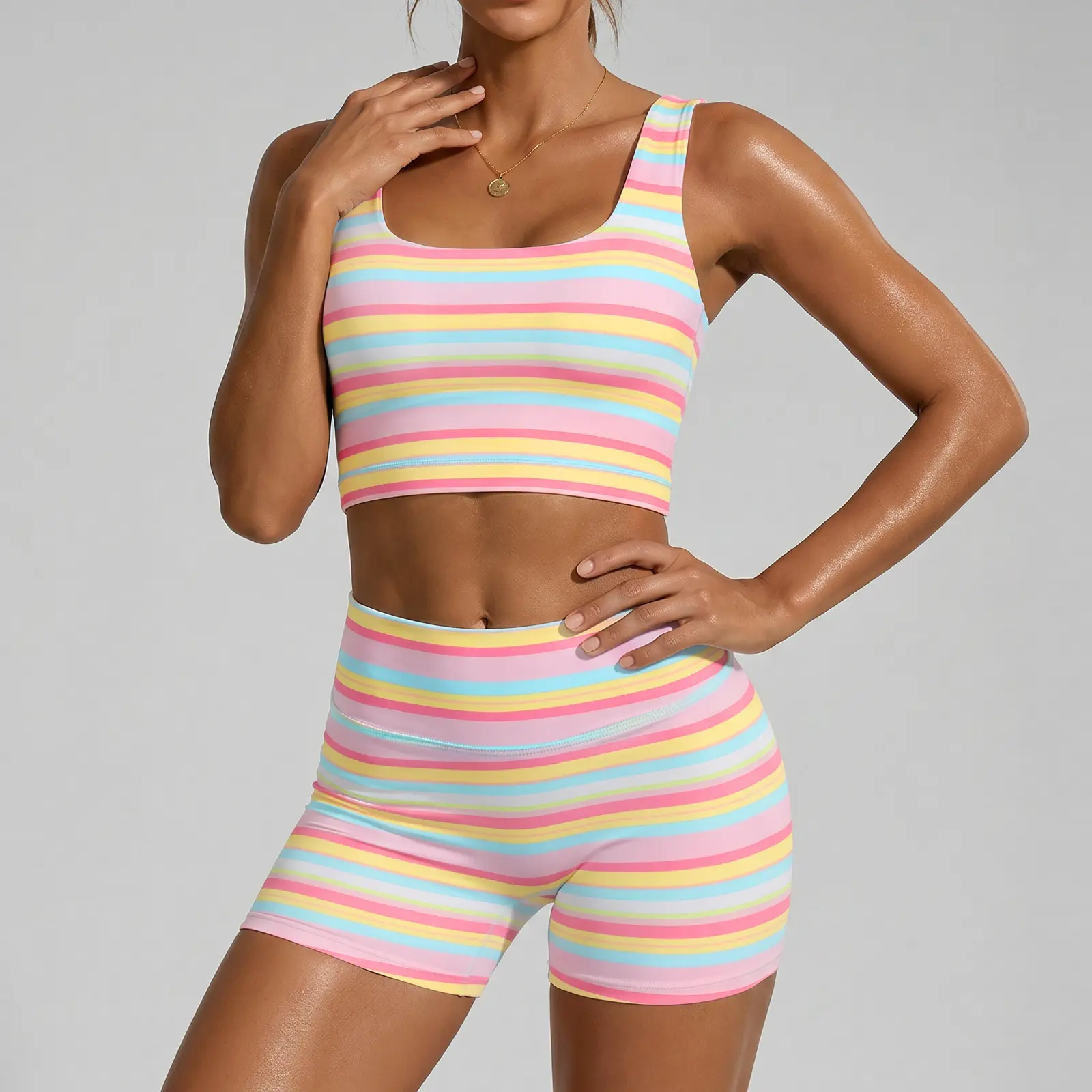 FISOEW Women’s Rainbow Stripe 2 Piece Workout Set Sleeveless Crop Tank Top High Waist Biker Shorts Matching Lounge Outfit