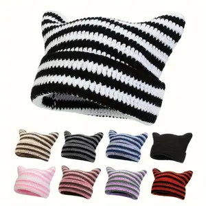1pc Pure Handmade Crochet Cotton Little Devil Cat Ear Beanie - Unisex Outdoor Street Hip-hop Hat, Machine Washable, Comfortable, Versatile Fashion Accessory, Hats