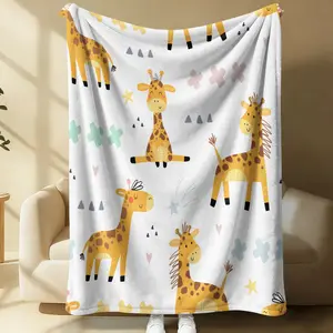 Cute Giraffe Flannel Blanket, Cartoon Giraffe & Star Print Fleece Throw, Soft Cozy Warm Blanket for Kids Room & Toddler Bed, Perfect Baby Shower Gift