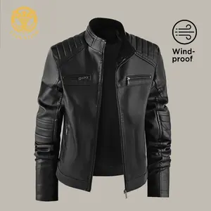 LEDUNTINO Men's Fashionable Zipper Casual Motorcycle Leather Jacket Stand-Up Collar Solid Beige Pilot Model Coats Windproof Stylish Outfit