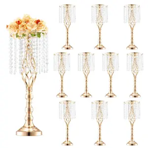 Set Of 10 Clear Crystal Tall Flower Stand Vases, Height 55 Cm / 21.65 Inches, Ideal Wedding Centerpiece Decor For Ceremony, Reception, Banquet, Party And Other Events, Elegant Glass Vase Stands