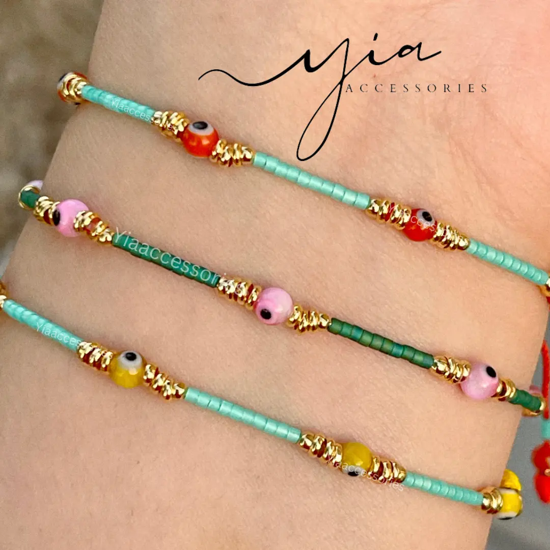 Dainty Gold Plated Stackable Bracelet - Adjustable Beaded Design Evil Eye Glass Bangle, Summer Fashion Costume Jewelry Beaded Detail Bracelets & Bangles, Stackable Bracelets