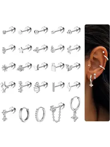 Single 25 Pcs Silvery Flat Back Stud Earrings Hypoallergenic Surgical Steel Copper Earrings Stud Hoop Earrings Set for Women Men Tragus Earrings Helix Cartilage Earrings Conch Daith Tragus Piercing Jewelry Set