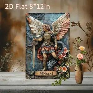 2D Flat St Michael Angel Vintage Metal Sign Classic Design Spiritual Wall Decor 8x12 Inches Iron Wall Hanging for Church Living Room Bedroom Retro Art