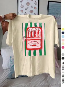Women's Sardines Print Round Neck Tee, Trendy Casual Short Sleeve Crewneck T-shirt for Daily Wear, Ladies All Seasons Top, Womenswear