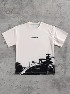 Boys' Round Neck Racing Print T-Shirt, Summer Casual Breathable Comfortable Wear, Slim-Fitting Plain Design, No Zipper, Without Collar