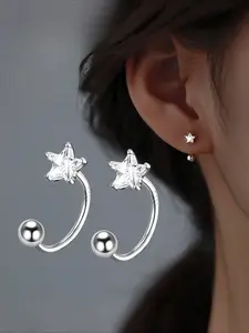 Pair of Earrings in Star Shape with Shiny Synthetic Zirconia on 925 Silver, Cute and Exquisite Low Allergy, Excellent Gift for Women Suitable for Daily Wear, Gift for Eld, Gift for Ramadan, Earrings Jewelry