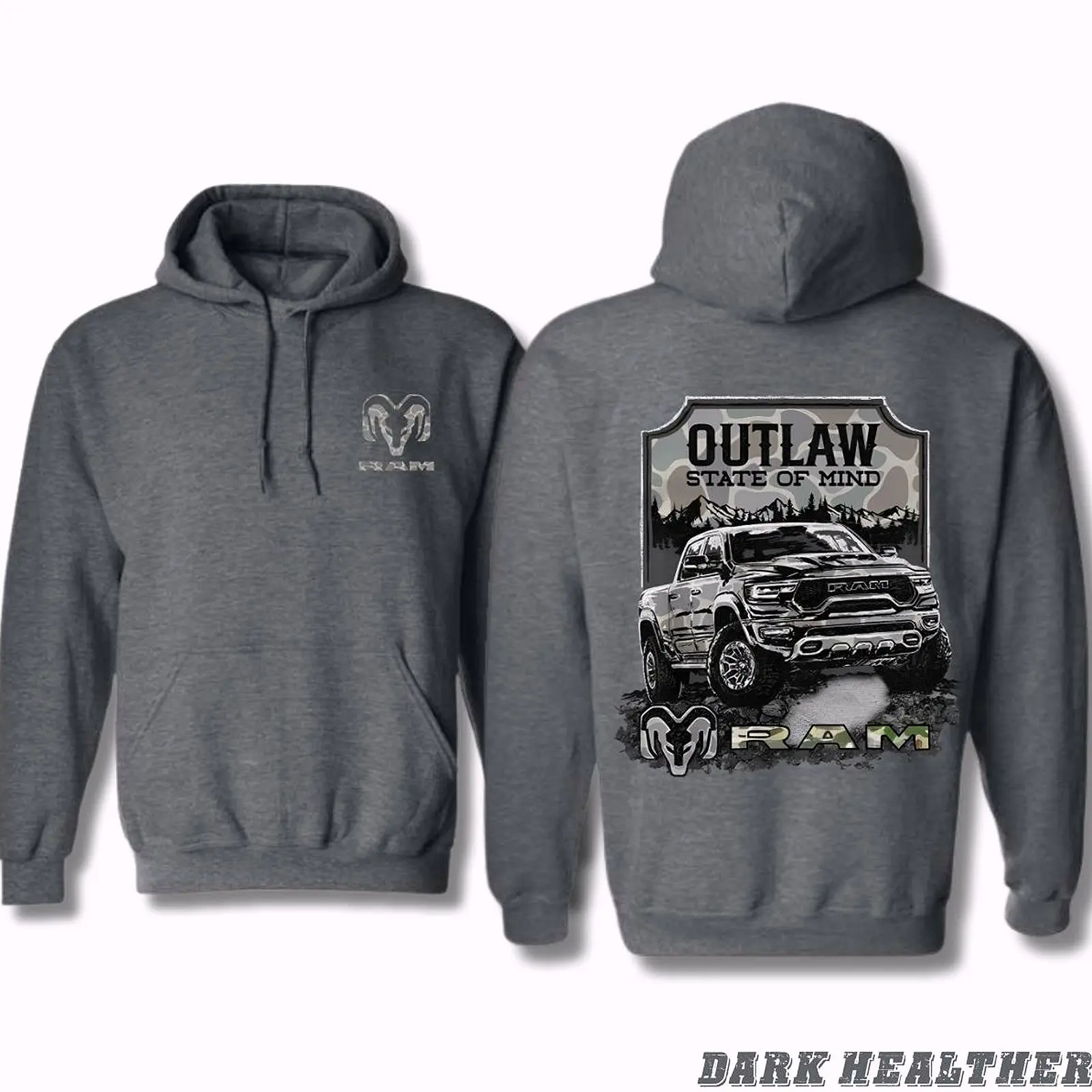 RAM Hoodie – Outlaw State of Mind Graphic, Camo Mountain Truck Design Sweatshirt, Gift for Pickup Enthusiasts, Unisex Fit for Men and Women