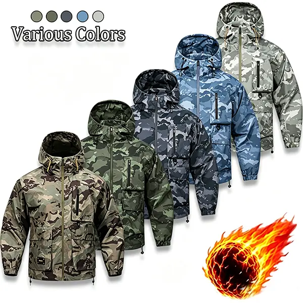 Men’s camouflage tactical hardshell jacket, casual sports top, hooded workwear hardshell jacket, tactical jacket with multiple pockets and a workwear design, outdoor tactical style, suitable for hiking, camping, fishing, and more.