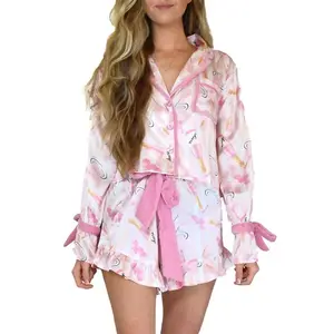 Women's Christmas Pajama Set 2-piece Home Clothes Bow/Cartoon/Grid Printed Long Sleeve Shirt Top Shorts Pajama SetRAIMENTRY