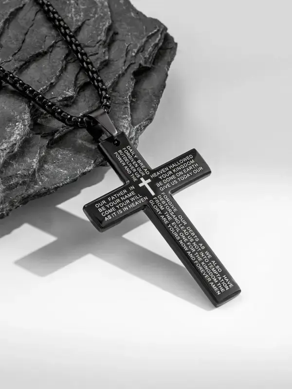 .Stainless Steel Cross Pendant Necklace with Bible Verse Engraving, Unisex Jewelry with 24 Inch Chain, Perfect Gift for Any Occasion