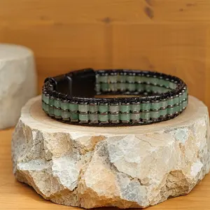 Green Aventurine Beads Gemstone Leather Braided Men's Bracelet with Stainless Steel Magnetic Clasp - 6.69inches (17cm)
