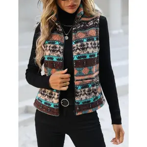 Women’s elegant plant-patterned vest jacket with a stand-up collar, sleeveless design, and pockets—ideal for layering in autumn and winter, suitable for both casual and formal occasions.
