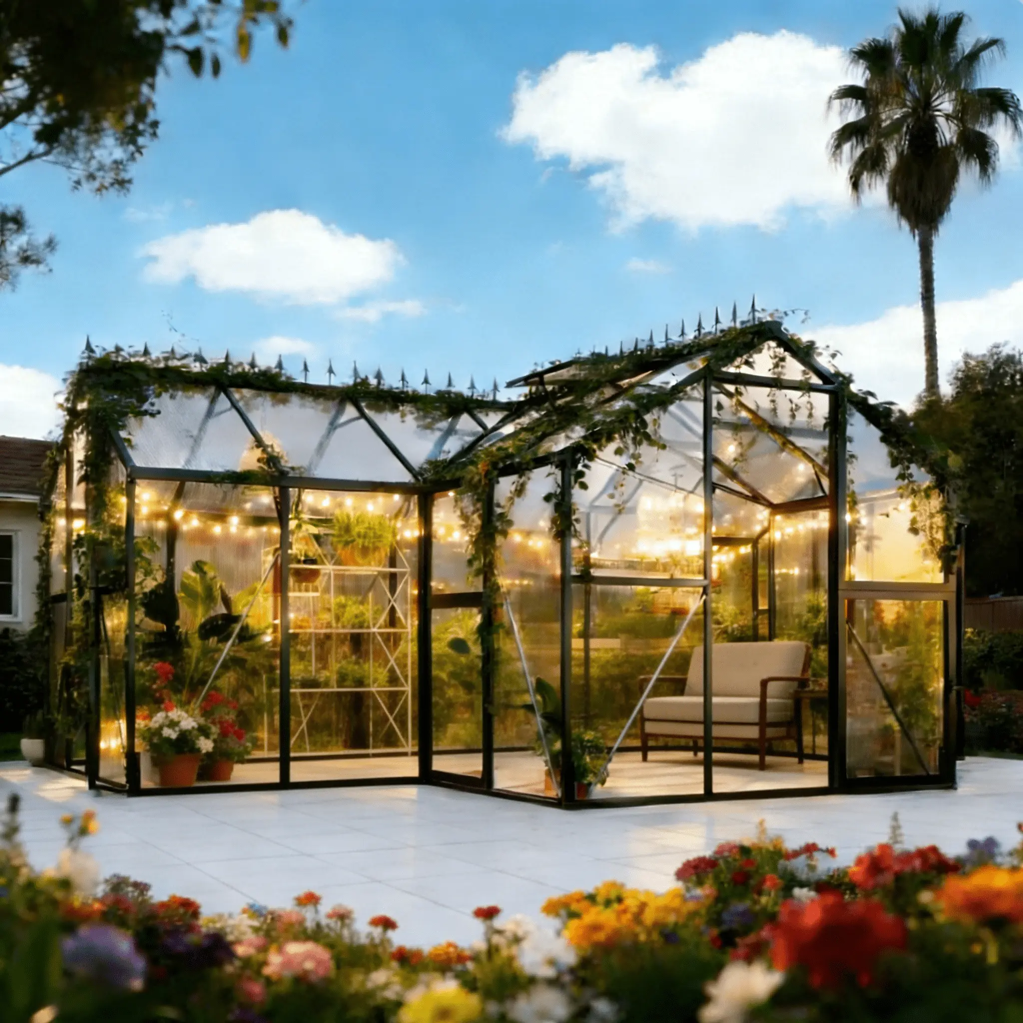 16.8×12.1FT T-Shaped Sunroom Greenhouse, Quick-Connect Assembly, 6mm Polycarbonate Panels, with Side Door, Outdoor Warm House for Garden & Backyard