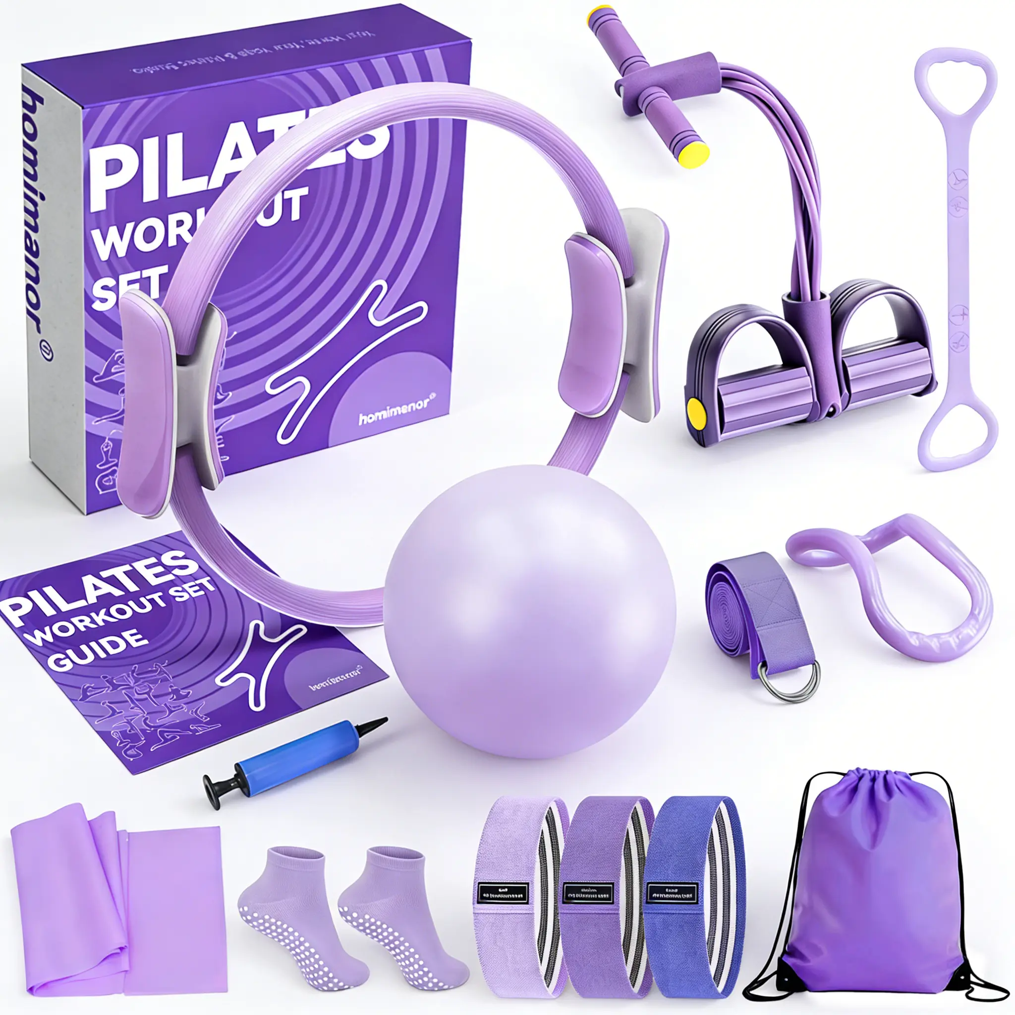 homimanor Pilates Ring Set for Women Home Workout, Pilates Equipment Set for Beginners with 15'' Magic Circle, 9.8" Yoga Ball and Resistance Bands, Pilates Kit for Full Body Toning