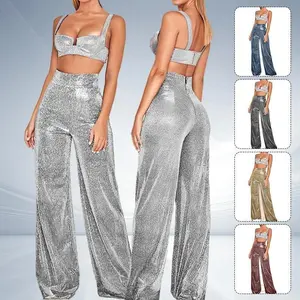 Metallic Sparkly Wide Leg Pants Women Elastic High Waist Glitter Sequin Palazzo Pants Casual Loose Party Clubwear Long Trousers Bottoms Womenswear Basic Minimalist Bottoms