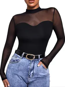 Women's Sheer Mesh Breathable Mock Neck Long Sleeve Slim Fit Top, Elegant Solid Color T-Shirt for Spring & Fall, Casual Fashion Wear, Womenswear