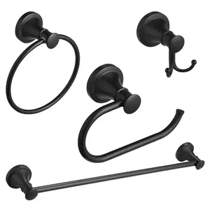 BESy 4-Piece Matte Black Heavy-Duty Steel Modern Bathroom Sets, Wall-Mounted Bath Hardware with Concealed Screws - Single Bar, Towel Ring, Toilet Paper Holder, Double Hooks